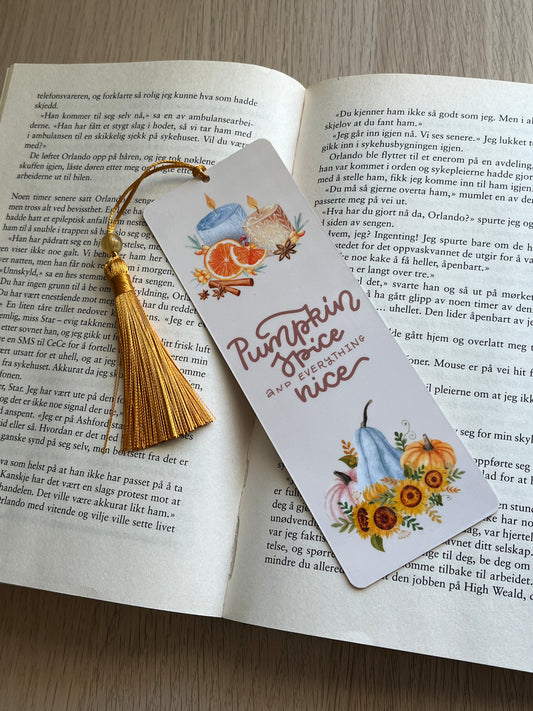 Fall Pumpkin Bookmark "Pumpkin Spice and Everything Nice" Cozy Autumn Double Sided Laminated Watercolor Plaid Pattern Sunflowers Candles