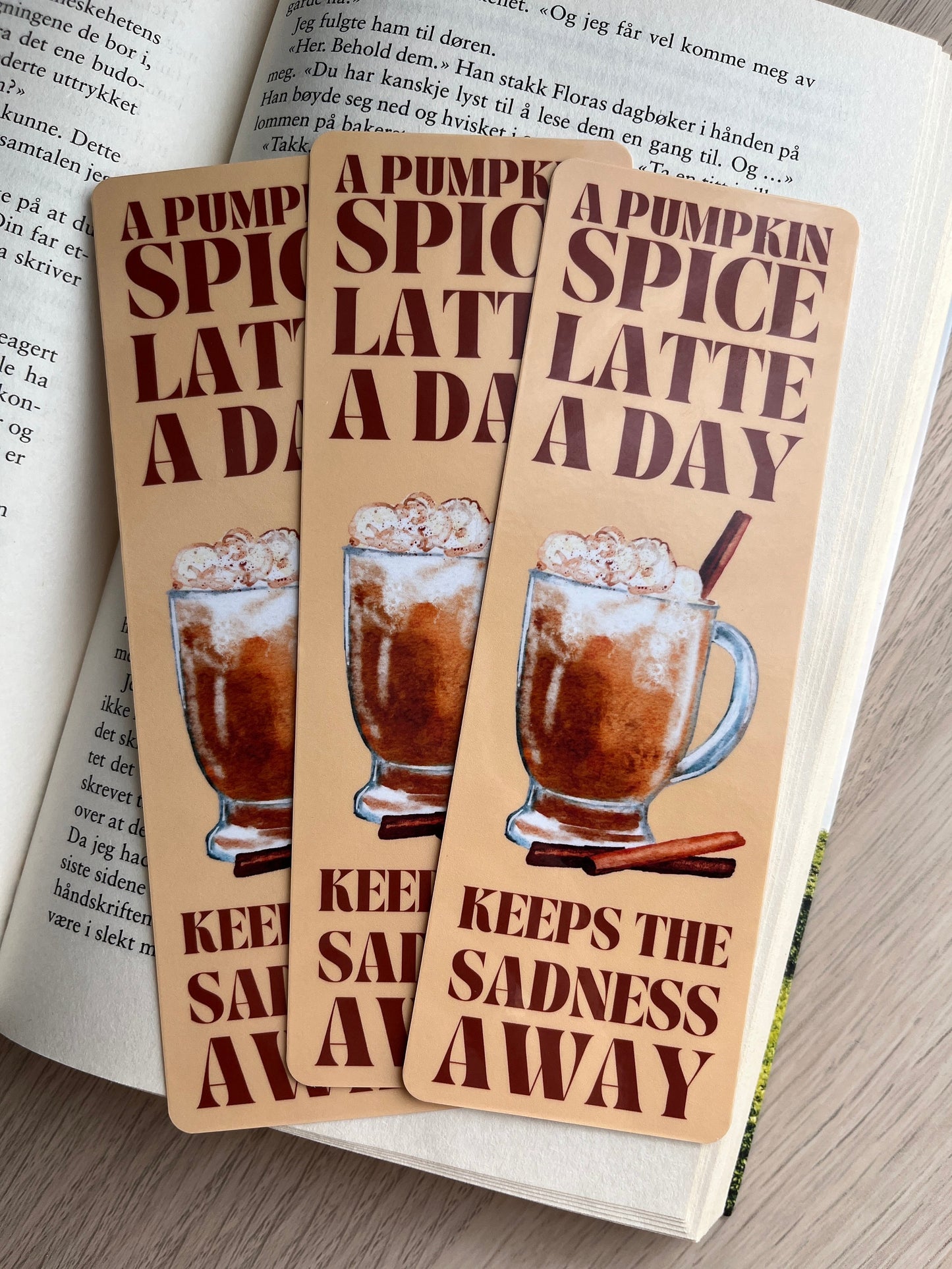 Autumn Bookmark Pumpkin Spice Latte Handcrafted Cozy Fall Watercolor Illustrations - Double Sided and Laminated.