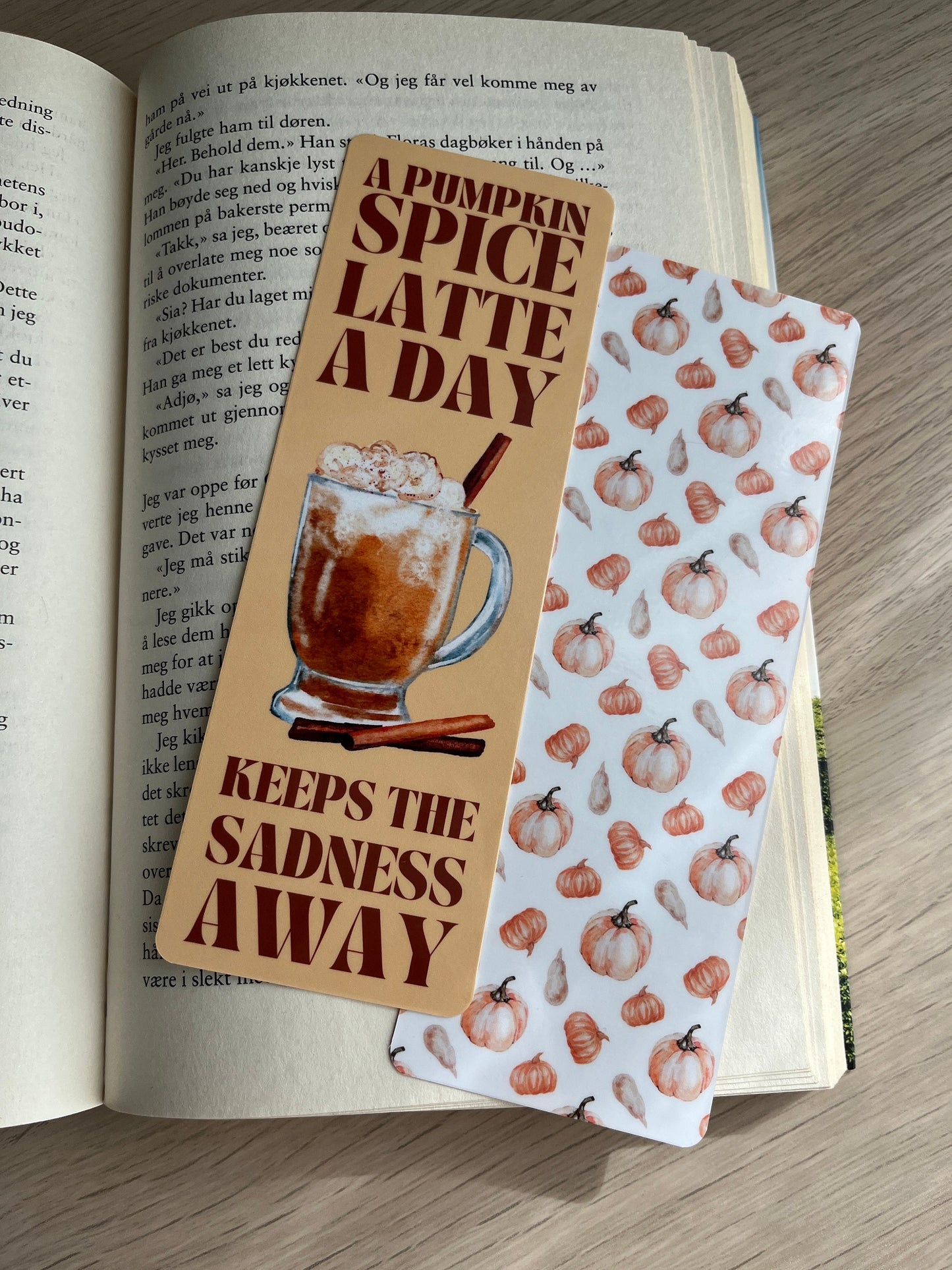 Autumn Bookmark Pumpkin Spice Latte Handcrafted Cozy Fall Watercolor Illustrations - Double Sided and Laminated.