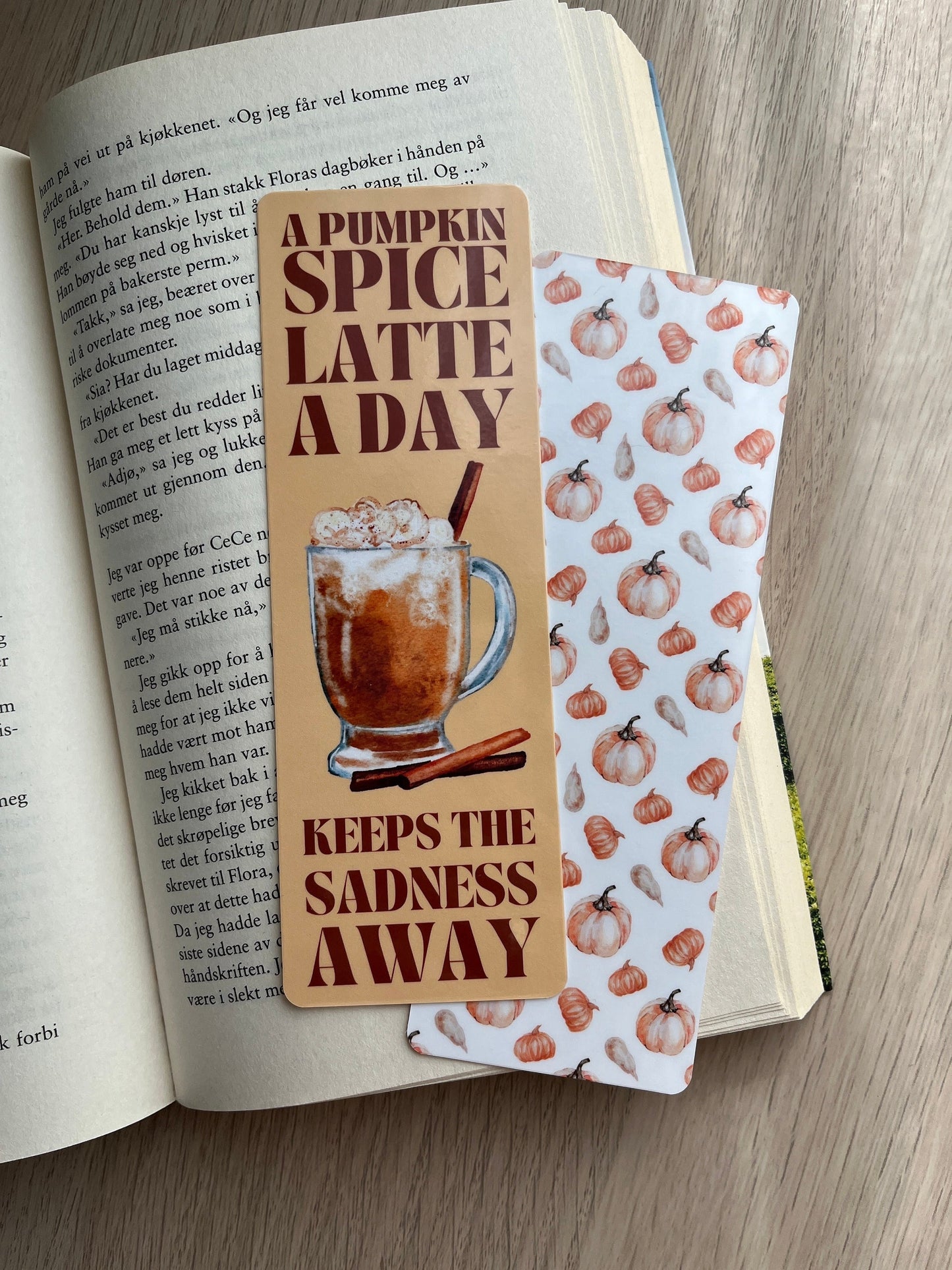 Autumn Bookmark Pumpkin Spice Latte Handcrafted Cozy Fall Watercolor Illustrations - Double Sided and Laminated.