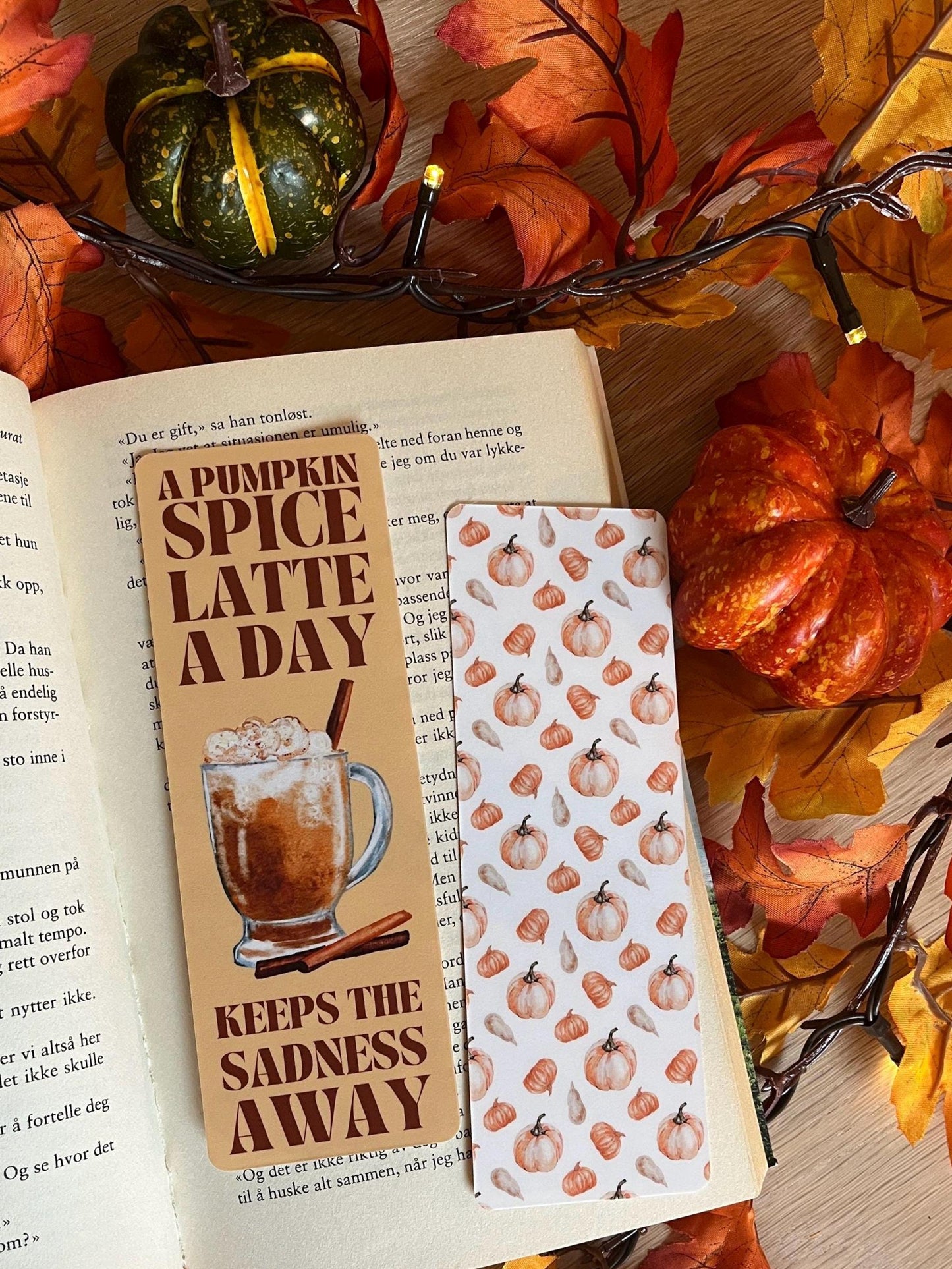 Autumn Bookmark Pumpkin Spice Latte Handcrafted Cozy Fall Watercolor Illustrations - Double Sided and Laminated.