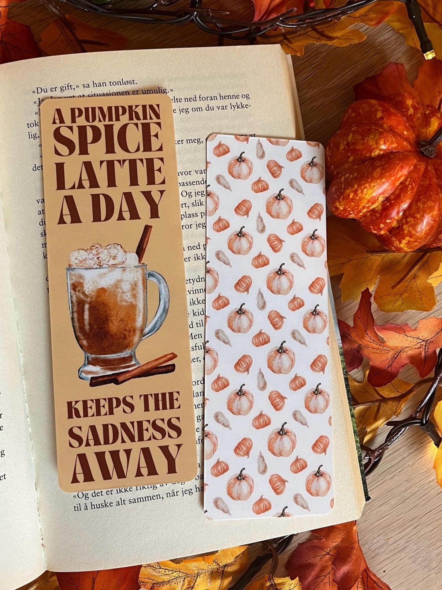 Autumn Bookmark Pumpkin Spice Latte Handcrafted Cozy Fall Watercolor Illustrations - Double Sided and Laminated.