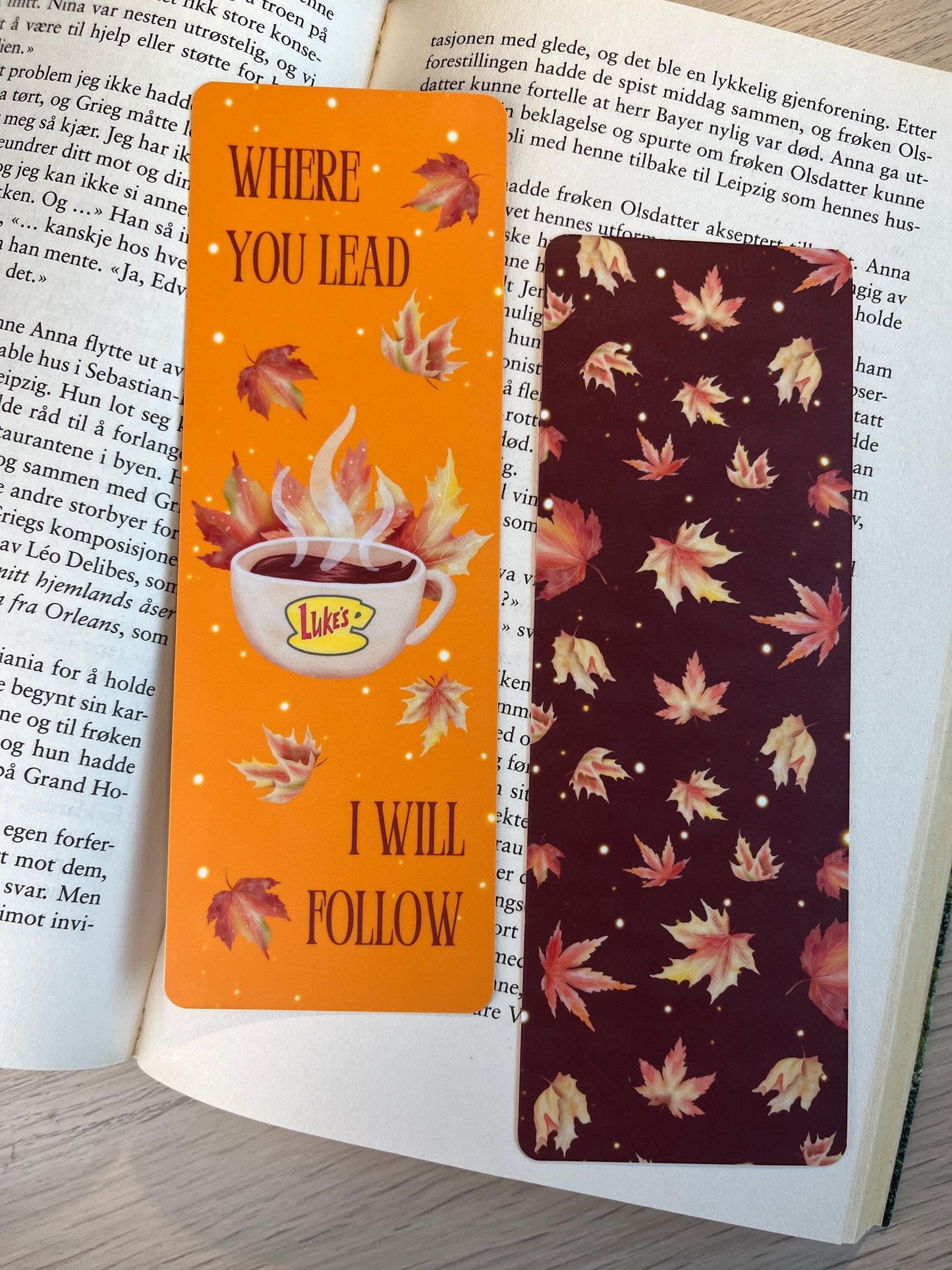 Gilmore Girls Handcrafted Bookmark "Where You Lead I Will Follow" Cozy Autumn Leaves - Double Sided Orange Matte Version