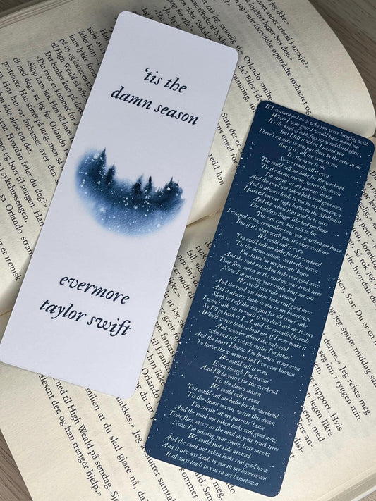 Taylor Swift evermore Bookmark ‘tis the damn season with Song Lyrics and Watercolor Illustration Double Sided Matte Laminate