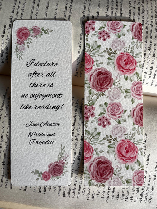 Jane Austen Bookmark Textured Cotton Paper Handcrafted with Pink Watercolor Rose Illustrations Double Sided Quote from Pride and Prejudice