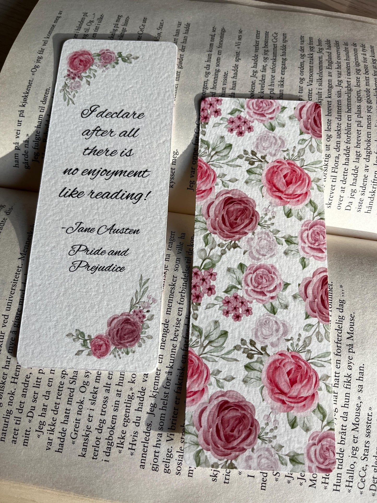 Jane Austen Bookmark Textured Cotton Paper Handcrafted with Pink Watercolor Rose Illustrations Double Sided Quote from Pride and Prejudice