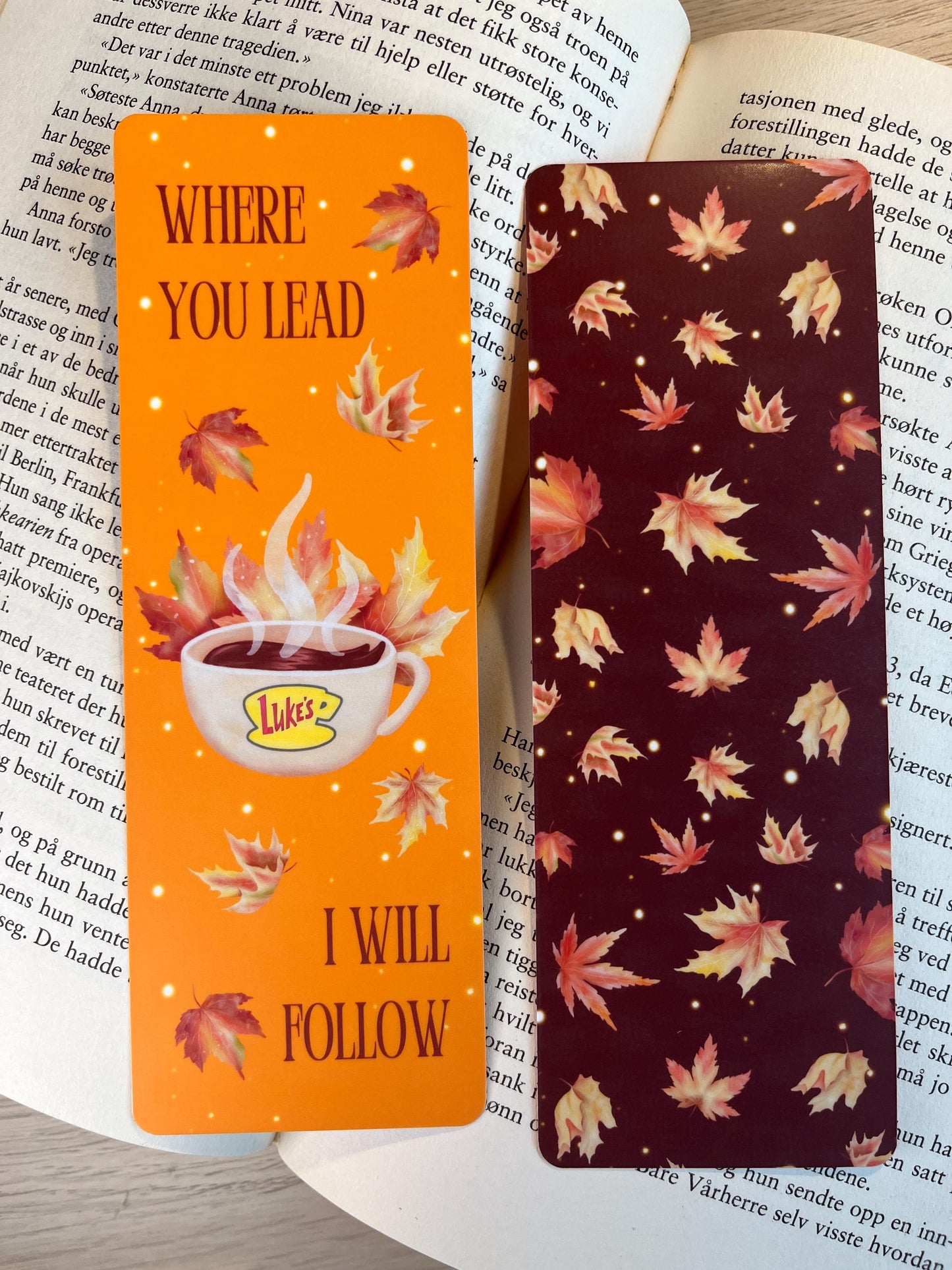 Gilmore Girls Handcrafted Bookmark "Where You Lead I Will Follow" Cozy Autumn Leaves - Double Sided Orange Matte Version