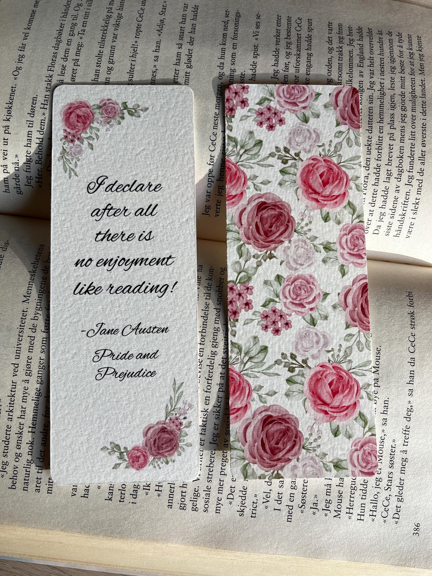 Jane Austen Bookmark Textured Cotton Paper Handcrafted with Pink Watercolor Rose Illustrations Double Sided Quote from Pride and Prejudice