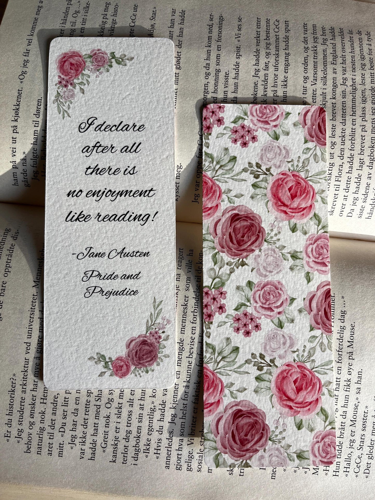 Jane Austen Bookmark Textured Cotton Paper Handcrafted with Pink Watercolor Rose Illustrations Double Sided Quote from Pride and Prejudice